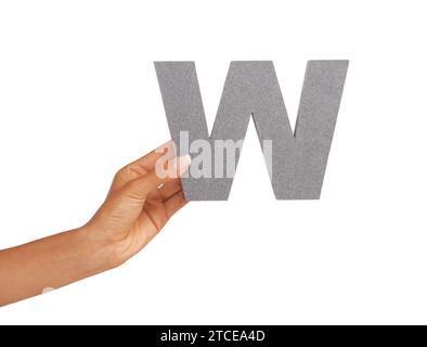 Mani, caratteri e lettere maiuscole W in studio isolati su uno spazio di mockup su sfondo bianco. Dita, alfabeto e primo piano del segno per refusi, comunicazione Foto Stock