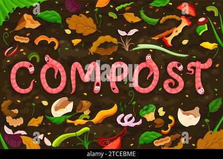 Personaggi dei vermi di terra dei cartoni animati in compost o humus di terra, poster vettoriale vermicomposting. Simpatici lombrichi nelle scritte in terreno compost con rifiuti compostabili e rifiuti alimentari biologici Illustrazione Vettoriale