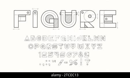 Font tecnico, tipo di architetto o tipo di costruzione alfabeto inglese, tipografia del progetto vettoriale. Lettere di disegno tecnico, testo ABC di disegno architettonico o composizione geometrica di schizzo ingegneristica Illustrazione Vettoriale