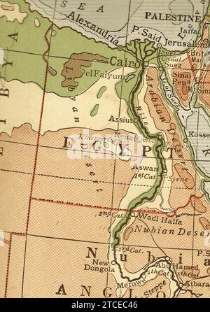 Una mappa geografica d'epoca/antica in seppia che mostra l'Egitto e il Cairo. Foto Stock