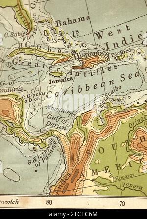 Una mappa geografica vintage/antica in seppia che mostra l'America centrale, il Venezuela e le isole del Mar dei Caraibi. Foto Stock