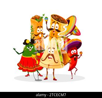 Cartoon Mexican Tex Mex Cuisine personaggi danzanti per Mexico Holiday fiesta, cibo vettoriale. Burrito divertente in sombrero con maracas, musicista di quesadilla mariachi e peperoncino con canto di avocado Illustrazione Vettoriale