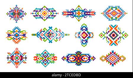 Motivi tribali messicani. Ornamento etnico. Decorazioni folcloristiche con tappeti in lana nativi americani, ornamenti vettoriali astratti in tessuto tribale messicano o motivi geometrici aztechi. Stampa patchwork della cultura messicana Illustrazione Vettoriale