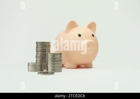 Piggybank e la torre del denaro su sfondo bianco. il concetto di crescita dei profitti e risparmio. Foto Stock