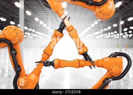 Le braccia del robot si tengono a vicenda, come segno di forza e di lavoro di squadra. Rendering 3D su sfondo industriale. Foto Stock