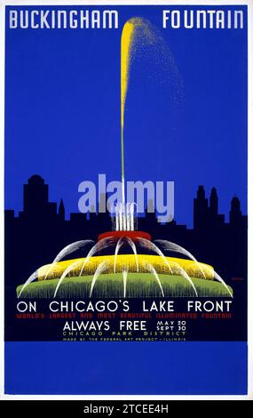 Buckingham Fountain sul lungolago di Chicago, la fontana illuminata più grande e bella del mondo, opera d'arte di John Buczak, 1939 Foto Stock