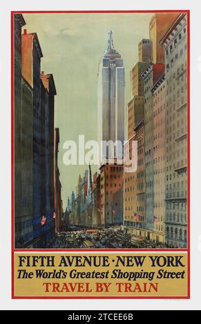 Poster di viaggio americano d'epoca - Fifth Avenue, New York - la più grande strada dello shopping del mondo - viaggio in treno - poster della ferrovia anni '1930 Foto Stock