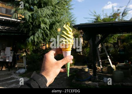Mano che tiene un tè matcha verde gelato morbido in Giappone. Foto Stock
