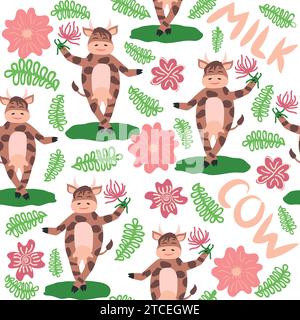 Mucca danzante nel prato grazioso motivo senza cuciture, spruzzi di latte e l'iscrizione latte, mucca, amore. Modello piatto per tessuti, design di imballaggio Illustrazione Vettoriale