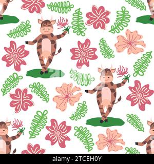 Mucca danzante nel prato grazioso motivo senza cuciture, spruzzi di latte e l'iscrizione latte, mucca, amore. Modello piatto per tessuti, design di imballaggio Illustrazione Vettoriale