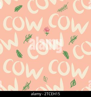 Simpatico motivo senza cuciture di schizzi di latte e l'iscrizione latte, mucca, amore. Modello piatto per tessuti, design di imballaggio Illustrazione Vettoriale