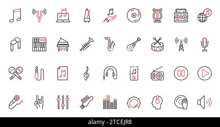 Interfaccia pulsanti menu controllo volume pittogramma, microfono cuffie, strumenti acustici, note simboli della tecnologia digitale musicale. Le icone di musica di tendenza rosse nere a linee sottili rappresentano un'illustrazione vettoriale. Illustrazione Vettoriale