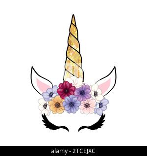 Carina testa di unicorno con corona di fiori Illustrazione Vettoriale