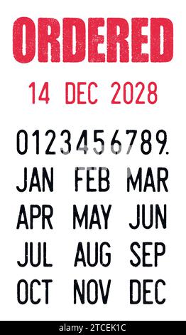 Illustrazione vettoriale della parola ordinata con timbri delle date modificabili (giorni, mesi, anni) Illustrazione Vettoriale