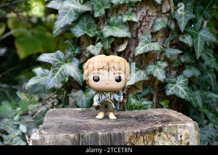 Funko Pop action figure di hobbit Sam con spada e luce di fiala tratta dal film fantasy il Signore degli anelli. Foresta, foglie di edera verde, boschi magici. Foto Stock