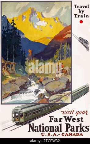 Poster dei viaggi americani d'epoca - visita i parchi nazionali del far West viaggia in treno, visita i parchi nazionali del far West, 1920 Foto Stock