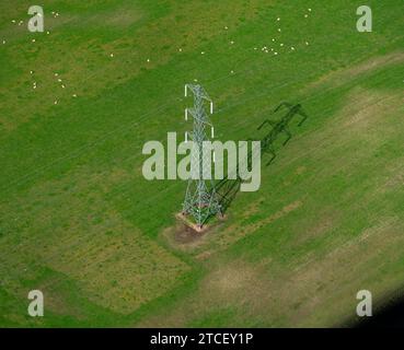 UK Power Pylon in un campo agricolo circondato da pecore con un'ombra gettata sul terreno dal sole. Preso da un elicottero. Foto Stock