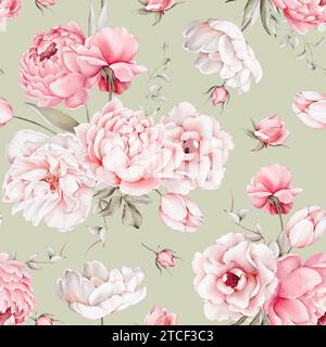 Motivo floreale vintage acquerello senza cuciture con delicate rose rosa, tulipani, peonie e foglie su sfondo verde. Per sfondo, carta da imballaggio, testo Foto Stock