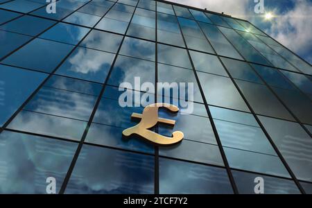 Pound Sterling UK GPB Building Concept. Simbolo del Money banking britannico e dell'economia GB sulla facciata anteriore illustrazione 3D. Foto Stock