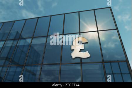 Pound Sterling UK GPB Building Concept. Simbolo del Money banking britannico e dell'economia GB sulla facciata anteriore illustrazione 3D. Foto Stock