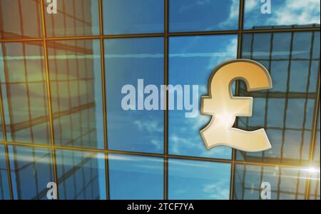 Pound Sterling UK GPB Building Concept. Simbolo del Money banking britannico e dell'economia GB sulla facciata anteriore illustrazione 3D. Foto Stock