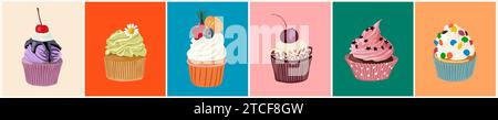 Set di cupcake diversi, dessert dolci a base di zucchero. Illustrazione Vettoriale
