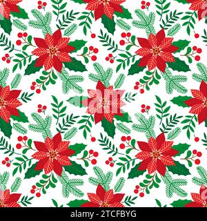 Motivo natalizio senza cuciture con foglie e puntette, rami di alberi di Natale, bacche rosse e fiori su sfondo bianco. Disegno a mano vettoriale Illustrazione Vettoriale