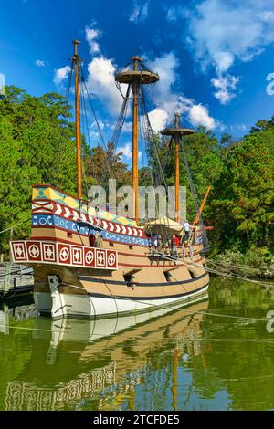 Ricostruzione delle tre navi che portarono i primi coloni americani nel 1607 al Living History Museum, Jamestown Settlement, Virginia Foto Stock