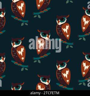 Pattern vettoriale senza giunzioni con gufi grafici. Cartoni animati elegante personaggio della foresta di uccelli. Sfondo blu scuro. Illustrazione Vettoriale