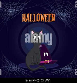 Poster colorato per la festa di halloween con gatto nero e cappello da strega Vector Illustrazione Vettoriale