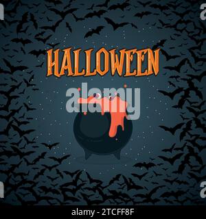 Poster colorato di halloween con calderone isolato alle streghe e pipistrelli Vector Illustrazione Vettoriale