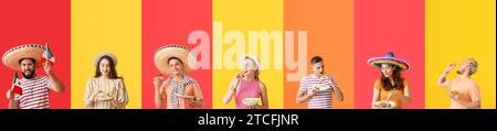 Collage di giovani con bandiere messicane e cibo tradizionale su sfondo colorato Foto Stock