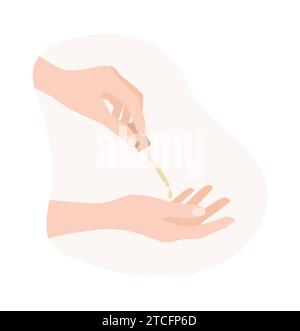 Due mani femminili con pipetta di siero facciale su sfondo bianco. Illustrazione del vettore piatto Illustrazione Vettoriale