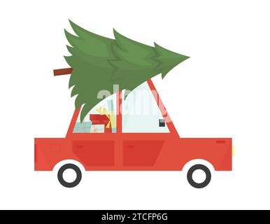 Auto di Natale che consegna albero di natale e regali. Cartoni animati vettoriali a colori per biglietti di auguri e design per il nuovo anno Illustrazione Vettoriale