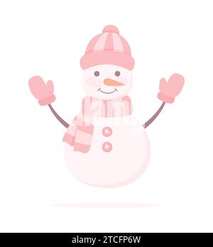 Simpatico pupazzo di neve sorridente con cappello, sciarpa e guanti isolato su uno sfondo bianco. Illustrazione vettoriale piatta in colori rosa pastello Illustrazione Vettoriale