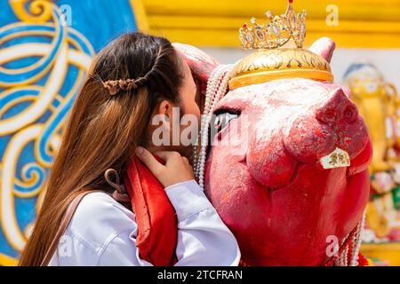 Wat Saman Rattanaram, grande statua di ratto come servo di Ganesha rosa, Chachoengsao, Thailandia, Sud-est asiatico, Asia Foto Stock