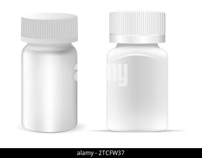 Mockup di bottiglie bianche. Vaschetta in plastica con capsule di vitamine, isolata su sfondo bianco. Supplemento prodotto in compresse vuoto, realistico farmaco farmaceutico Illustrazione Vettoriale