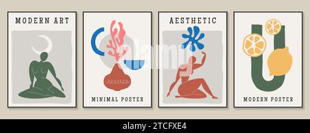 Poster estetici ingenui Matisse. Set di arte murale moderna, opere d'arte estetica con figure femminili, piante botaniche, vasi e frutti di limone. Stampe botaniche in stile contemporaneo per l'arredamento degli interni. Illustrazione Vettoriale