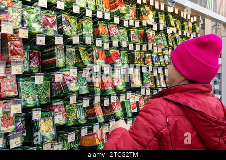 Semi di piante - verdure, frutta, insalate, erbe nel negozio per piantare nella serra in giardino a casa. Minsk, Bielorussia, 2023 Foto Stock
