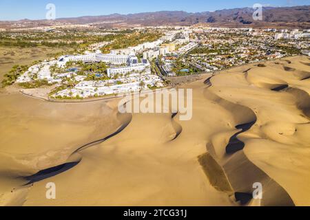 Vista aerea delle famose dune di Maspalomas, Gran Canaria, Isole Canarie, Spagna Foto Stock