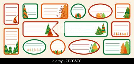 Adesivo natalizio con set di cartoni animati. Capodanno e Natale alberi simbolo tradizionali, design della cornice di pini per etichette o etichette tipografia. Etichetta regalo natalizia astratta disegnata a mano Vector Illustrazione Vettoriale