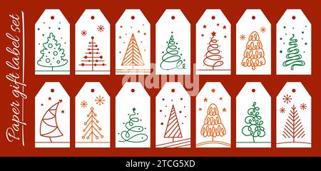 Etichetta regalo di Natale con set di cartoni animati albero. Capodanno e Natale alberi simbolo tradizionali, pini disegnano per tag o etichette tipografia. Vettoriale natalizio astratto disegnato a mano Illustrazione Vettoriale
