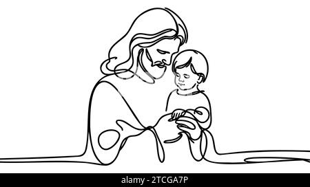 Una linea continua che disegna Gesù Cristo a mano minimale. Una linea artistica disegnata a mano singola contorno isolato. Illustrazione Vettoriale