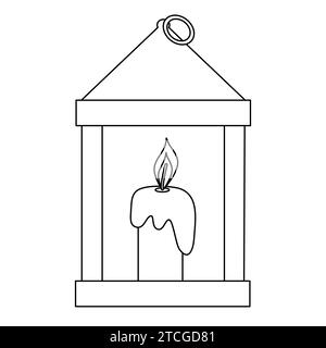 Lanterna vecchio stile con candela a fuoco, vista frontale, illustrazione vettoriale piatta in stile doodle per libri da colorare per bambini Illustrazione Vettoriale
