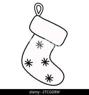 Calzino natalizio con fiocchi di neve, per regali natalizi da appendere al caminetto, illustrazione vettoriale piatta in stile doodle per il libro da colorare dei bambini Illustrazione Vettoriale