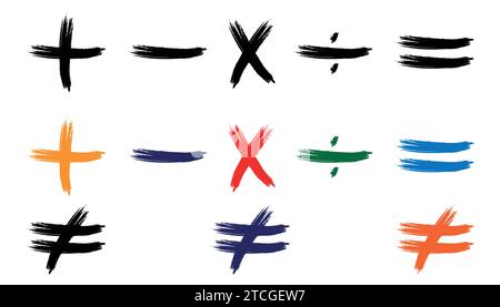 I pennelli vettoriali matematici simboleggiano più, meno, moltiplicazione, simbolo di segno uguale non uguale e risorse di divisione per insegnanti e studenti. Illustrazione Vettoriale