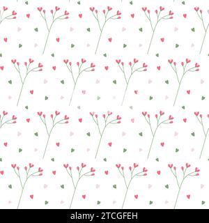 Fantasia senza cuciture di ramoscelli fioriti con elementi decorativi colorati a forma di cuore. Isolare. EPS. Concetto di design vettoriale per il confezionamento, lo sfondo o il Web, il saluto primaverile o il biglietto d'invito Illustrazione Vettoriale