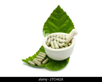 capsula di medicina a base di erbe nel mortaio con foglie verdi una medicina alternativa isolata su sfondo bianco Foto Stock