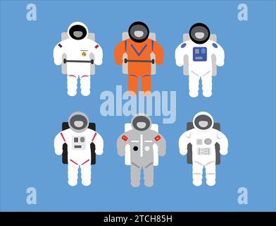 Set astronauti dal design semplice. Adesivo isolato modificabile dal vettore. Illustrazione Vettoriale