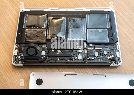 Batteria gonfia del notebook rotto in primo piano con l'involucro aperto. Gravi danni alla diagnostica del notebook durante il servizio di riparazione. Problema con il pc Foto Stock